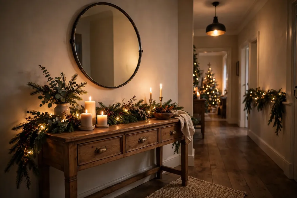 Entryway console table with candles