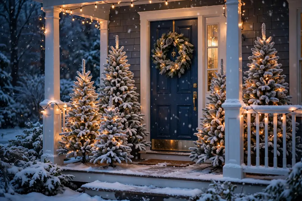 Flocked trees by a front door