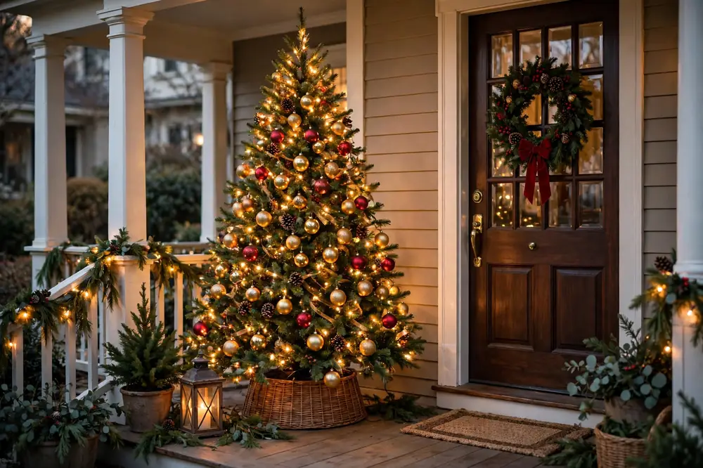 Festive front porch Christmas tree
