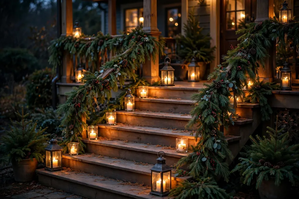 Lantern-lit Christmas porch steps