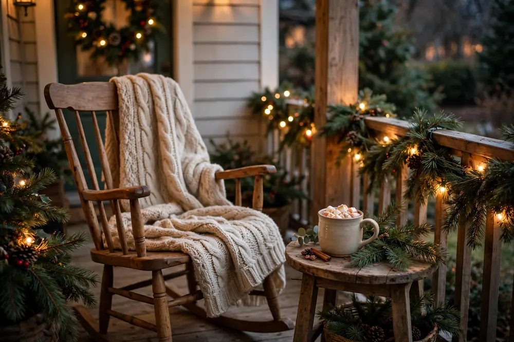 Cozy rocking chair with hot cocoa on a Christmas porch