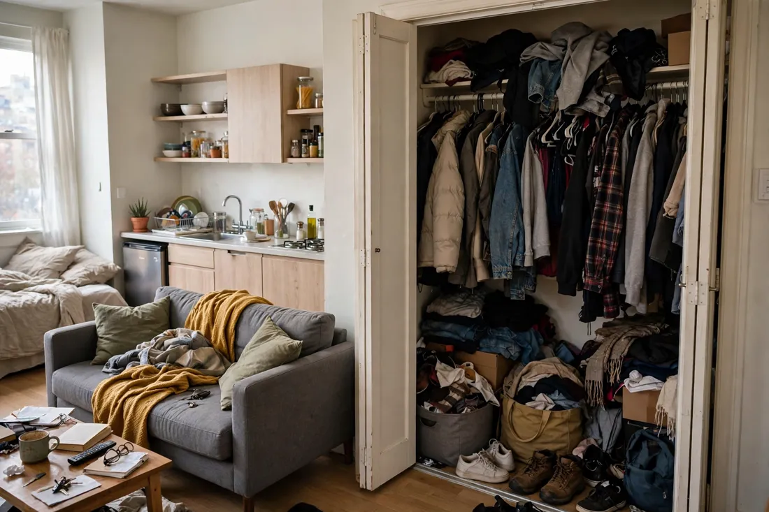 Studio apartment cluttered closet mistake