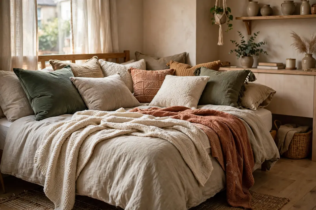 Studio apartment cushions and throws