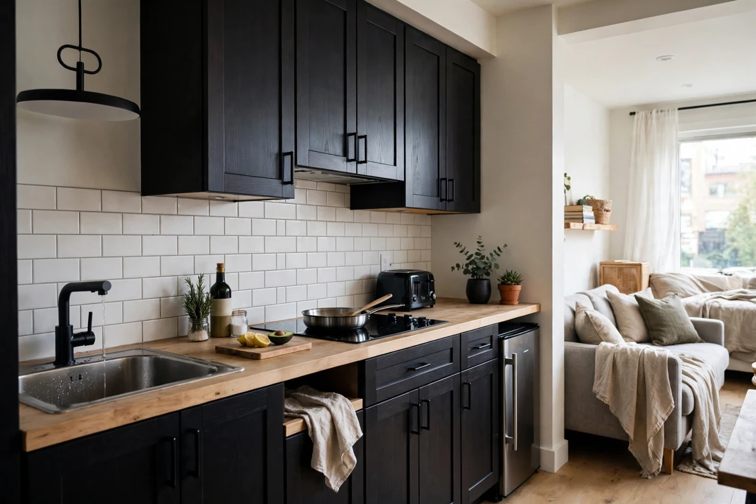 Studio apartment dark cabinets mistake