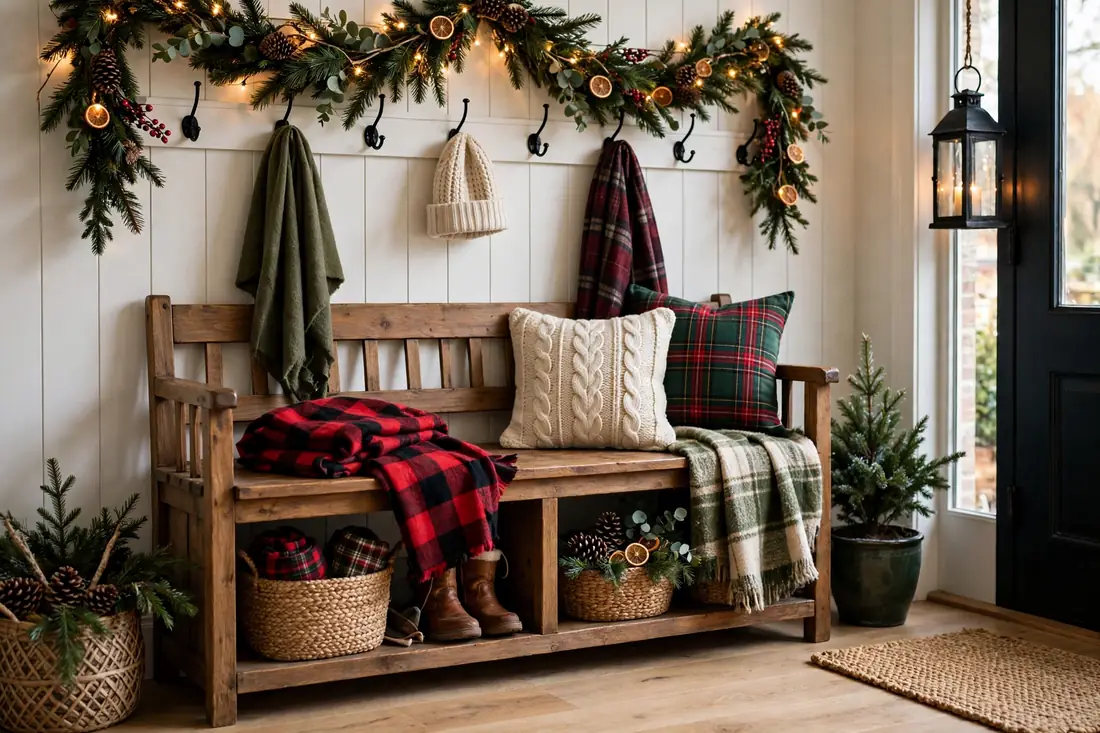 Cozy entryway bench with plaid throws