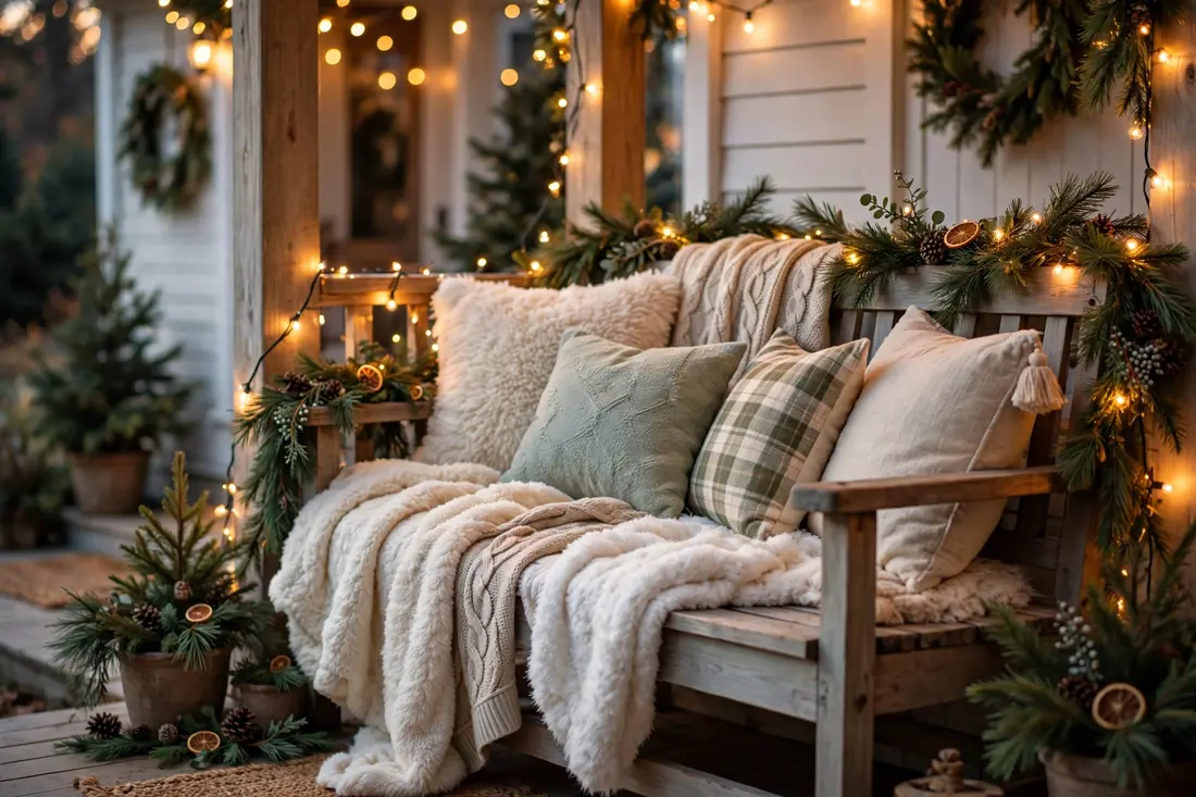 Fluffy blankets and pillows on a porch bench