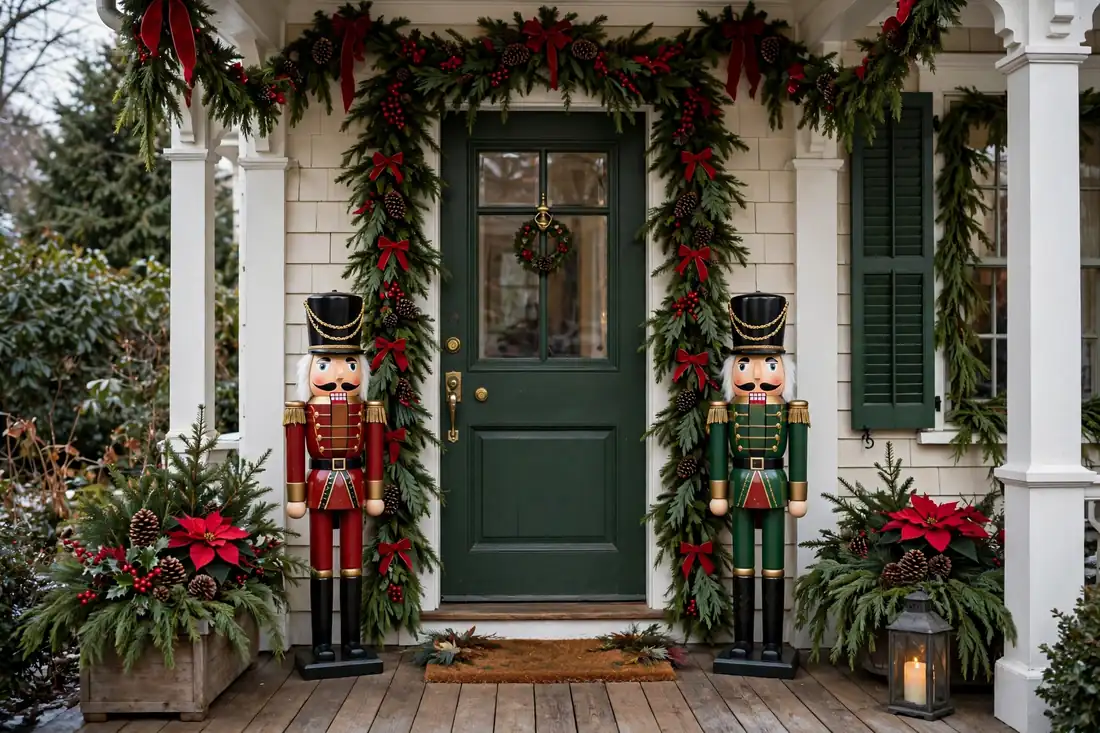 Classic nutcracker guards on a Christmas porch