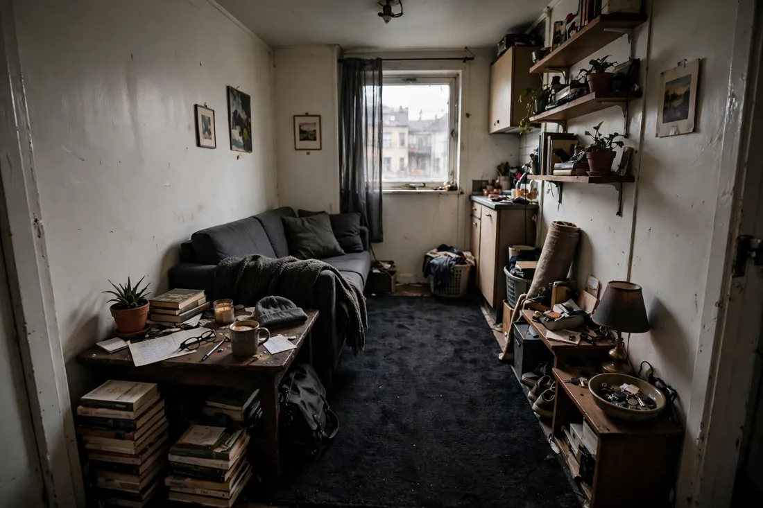 Studio apartment dark heavy rug mistake