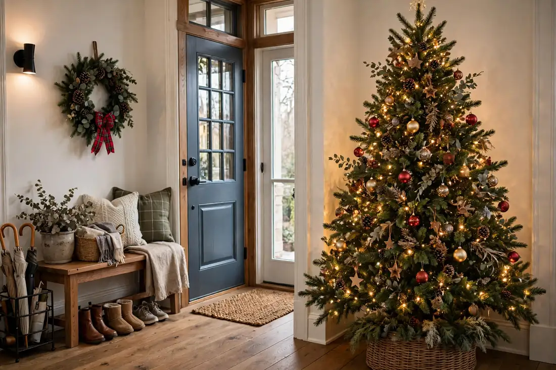 Entryway Christmas tree in a corner