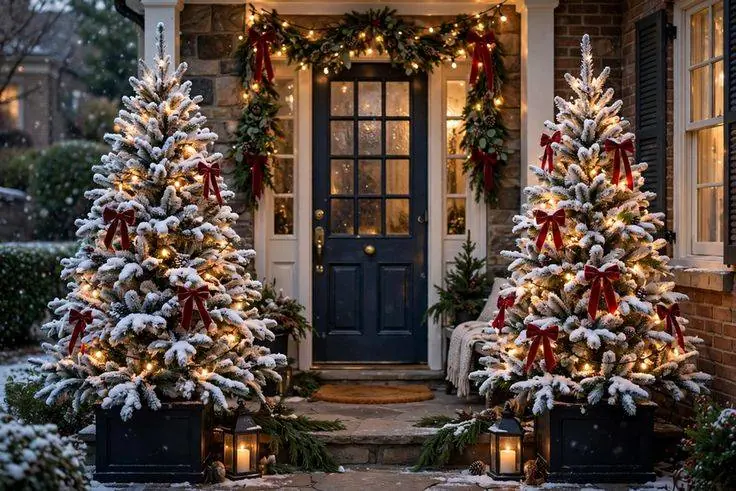 Flocked Trees Flanking the Door