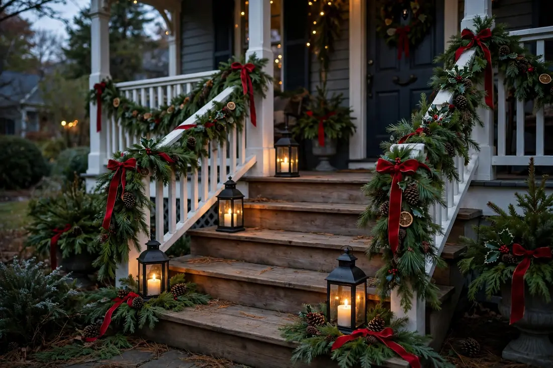 Traditional lantern-lit porch steps