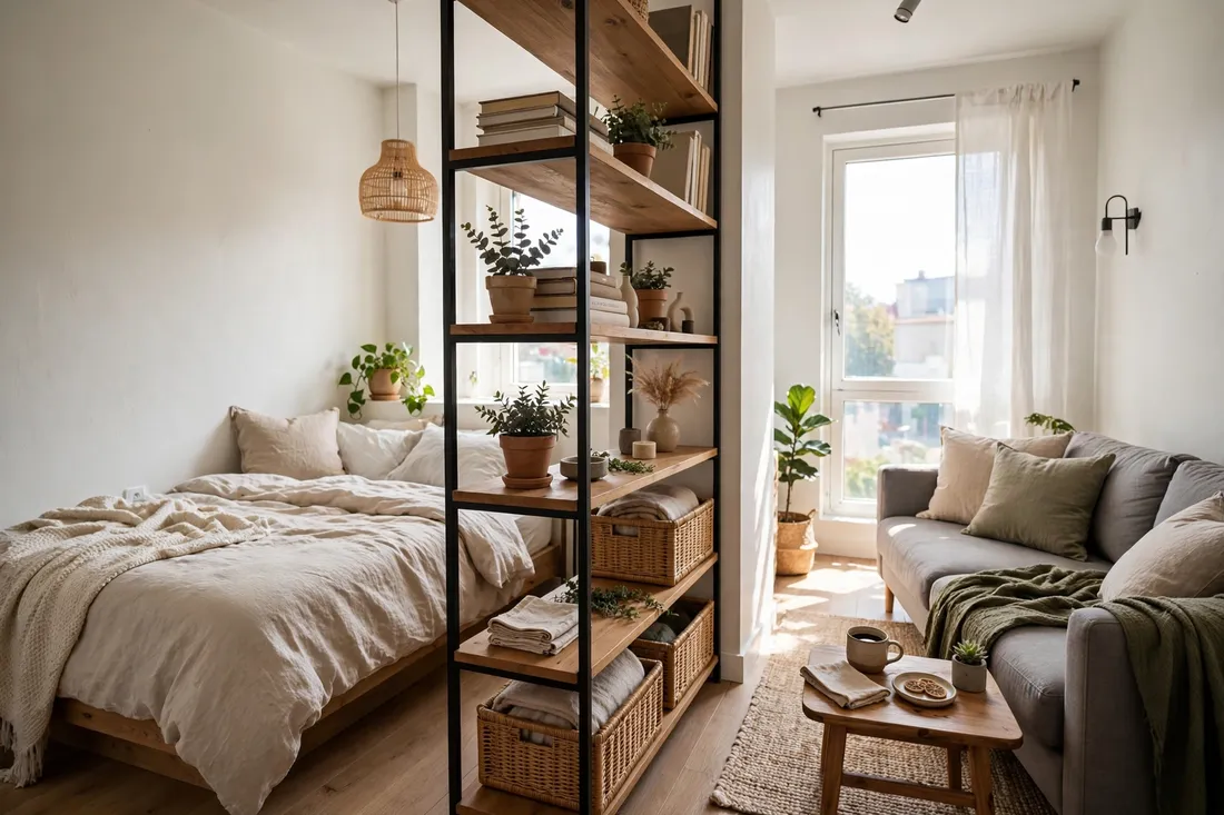 Bedroom living room combo with open shelving