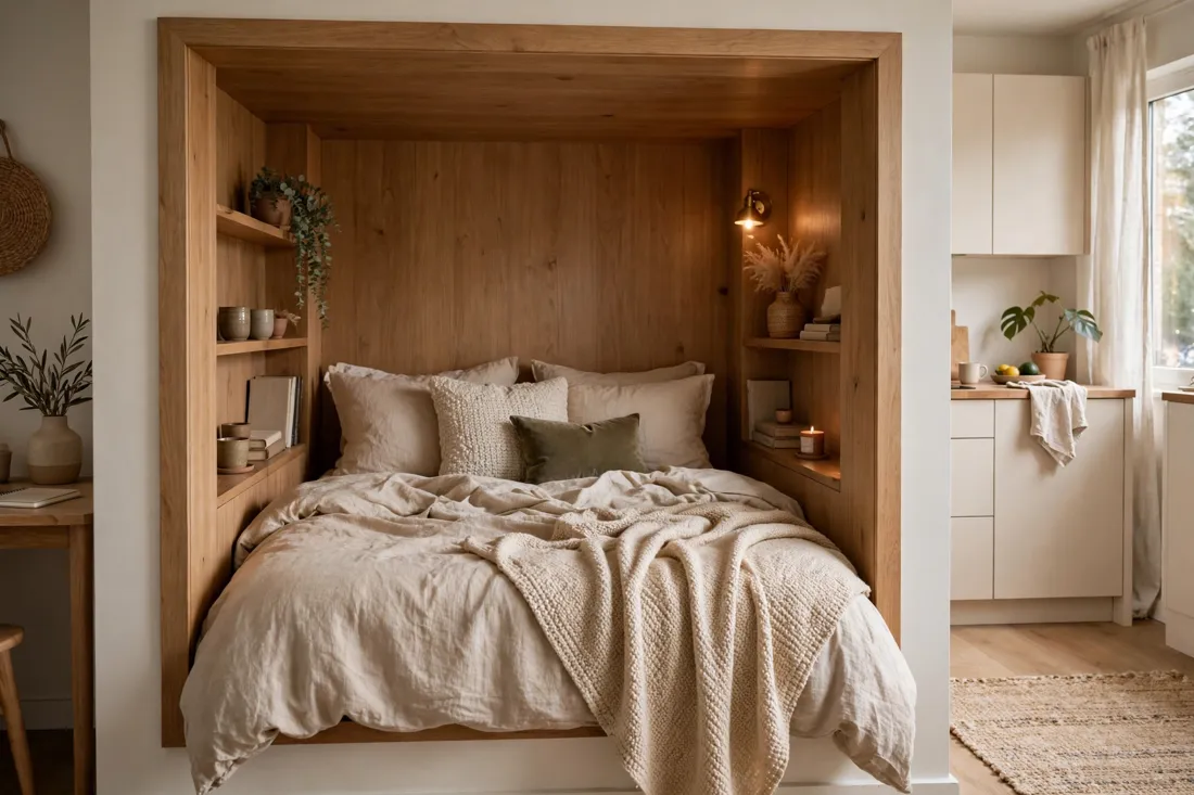 Studio apartment bed in a nook