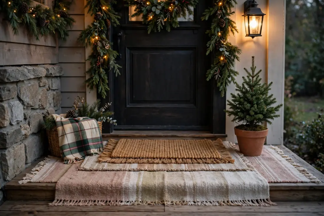 Cozy doormat and rug layers at a front door