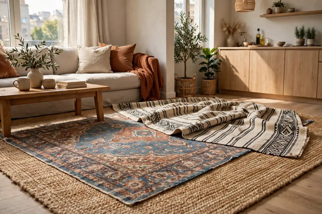 Studio apartment layered rugs