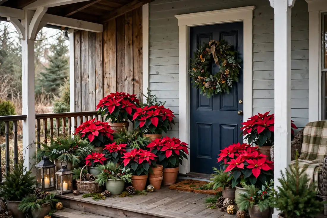 Poinsettia Christmas porch display
