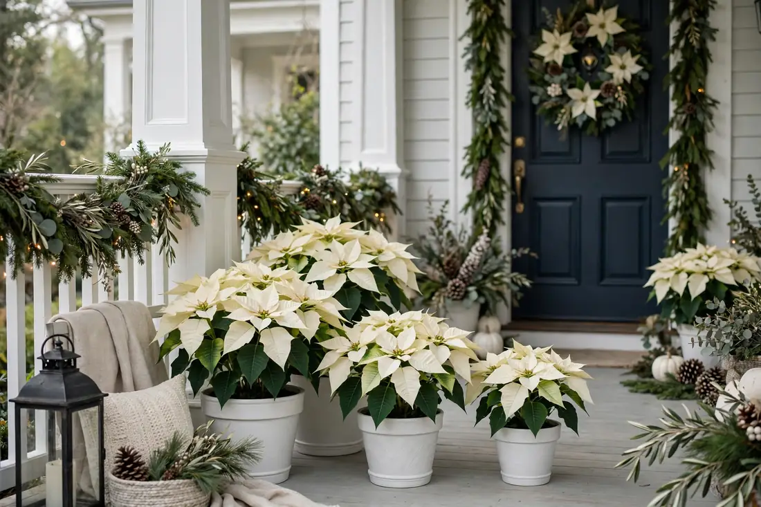 Sophisticated poinsettias in white pots