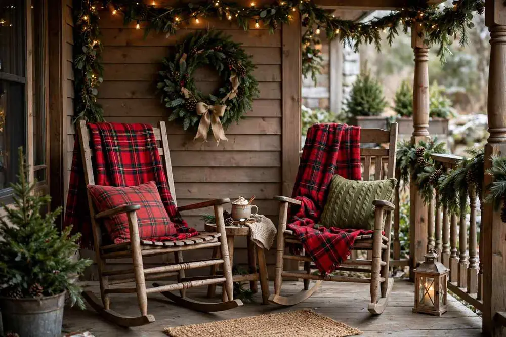 Cozy Rocking Chair Porch with Plaid Blankets