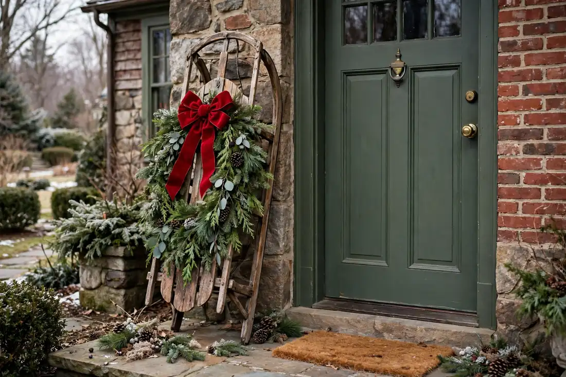 Vintage wooden sled display on a porch