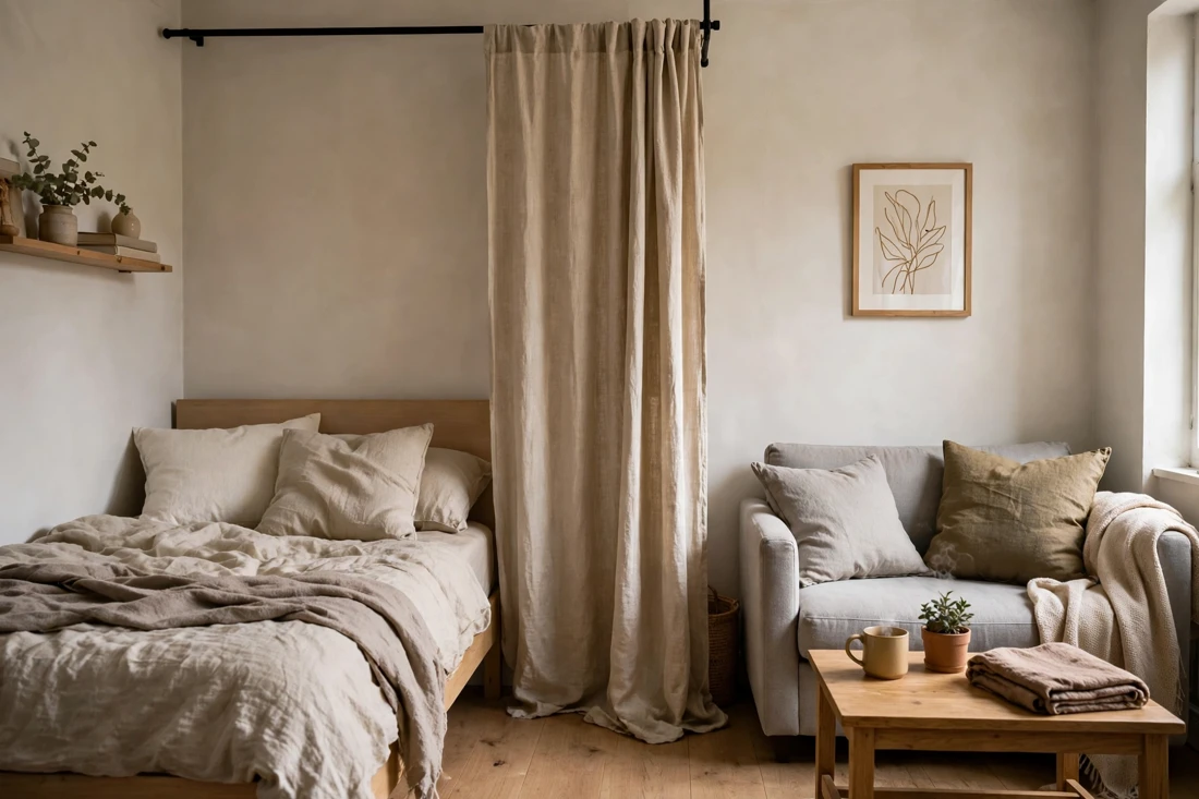 Bed and couch with curtain