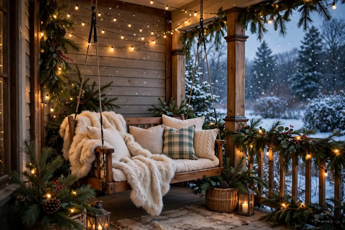 Soft faux fur throws on a porch swing