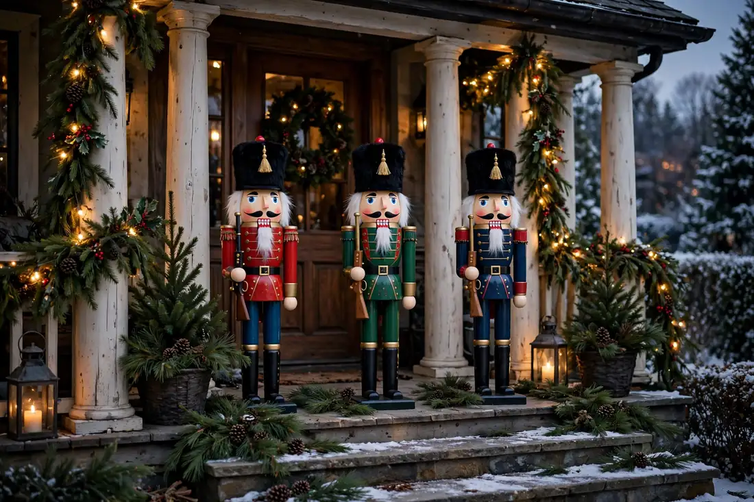 Nutcracker guards on a Christmas porch