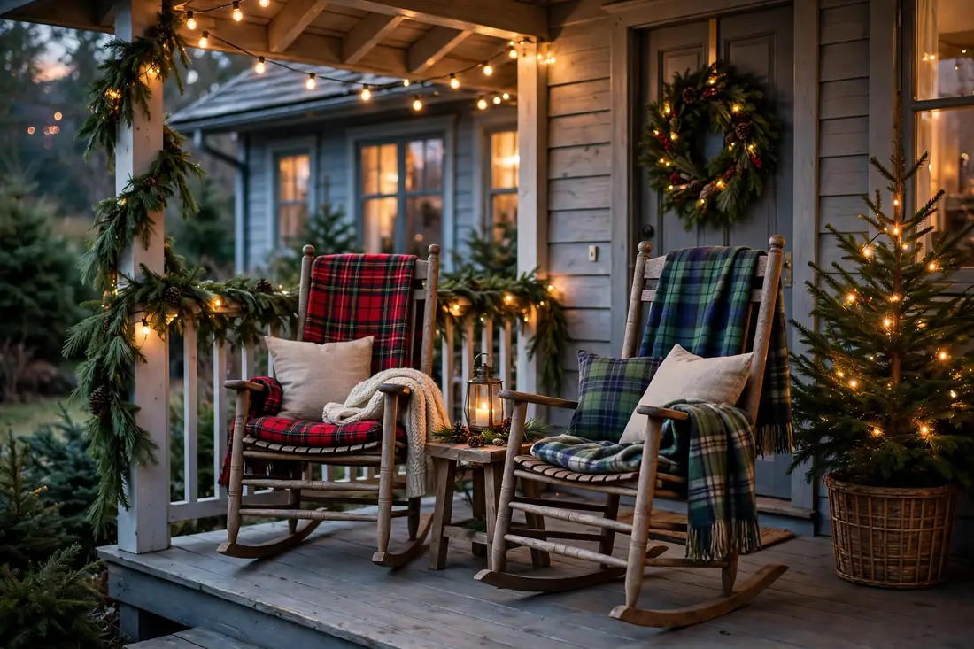 Cozy plaid blanket front porch chairs