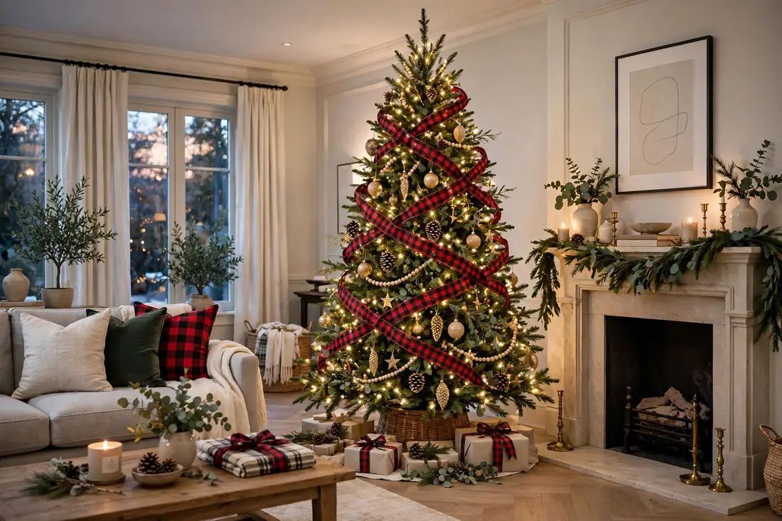 Tree with plaid ribbon