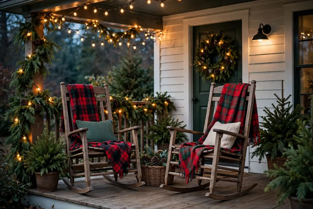 Cozy rocking chairs with plaid throws