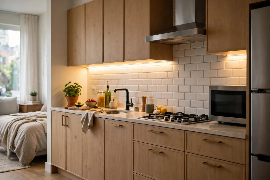 Studio apartment under cabinet lighting