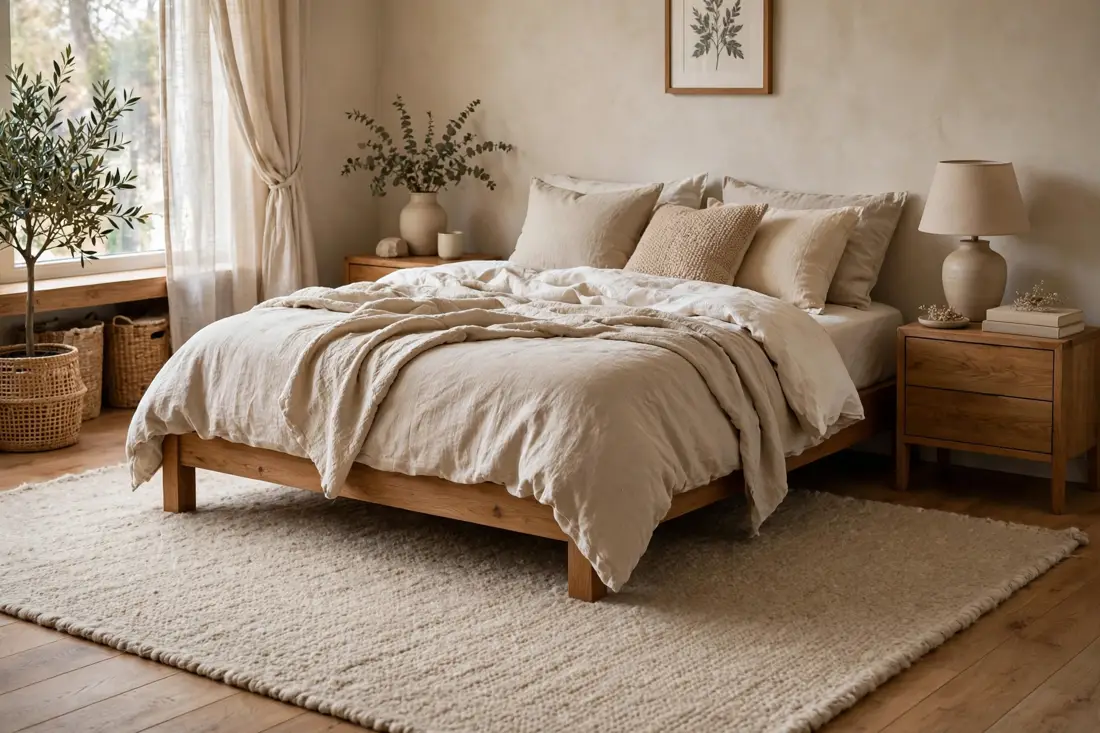 Beige wool bedroom rug