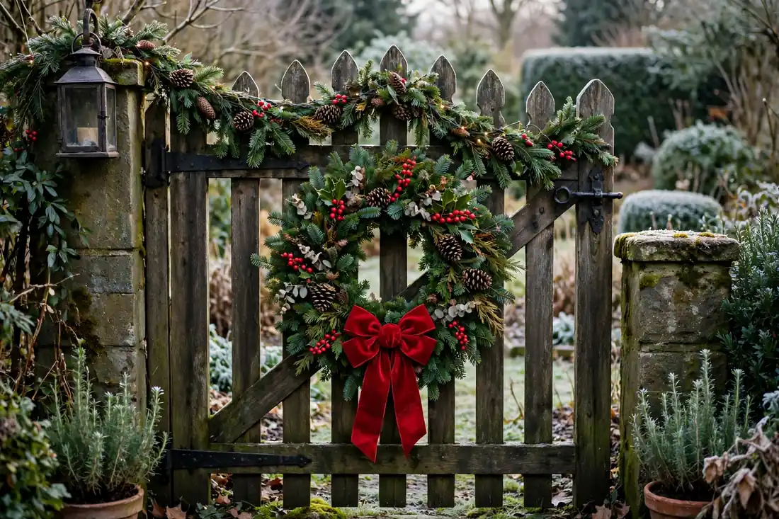 Outdoor wreath on a garden gate