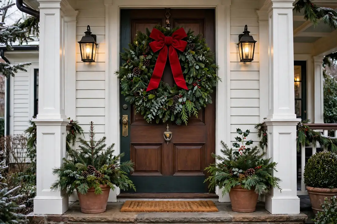 Classic wreath with red bow on a front door