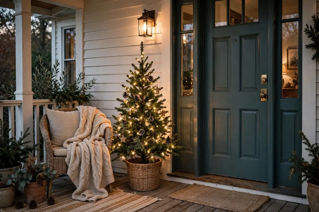 Cozy Christmas tree by door with warm lights