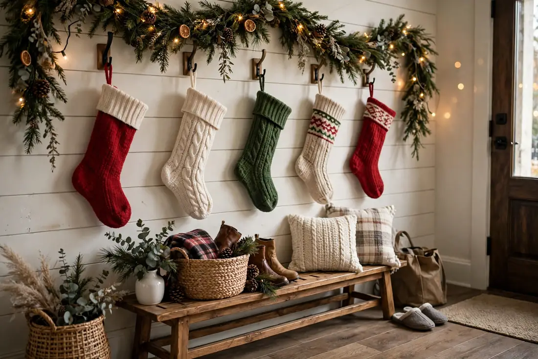 Stockings on entryway wall hooks