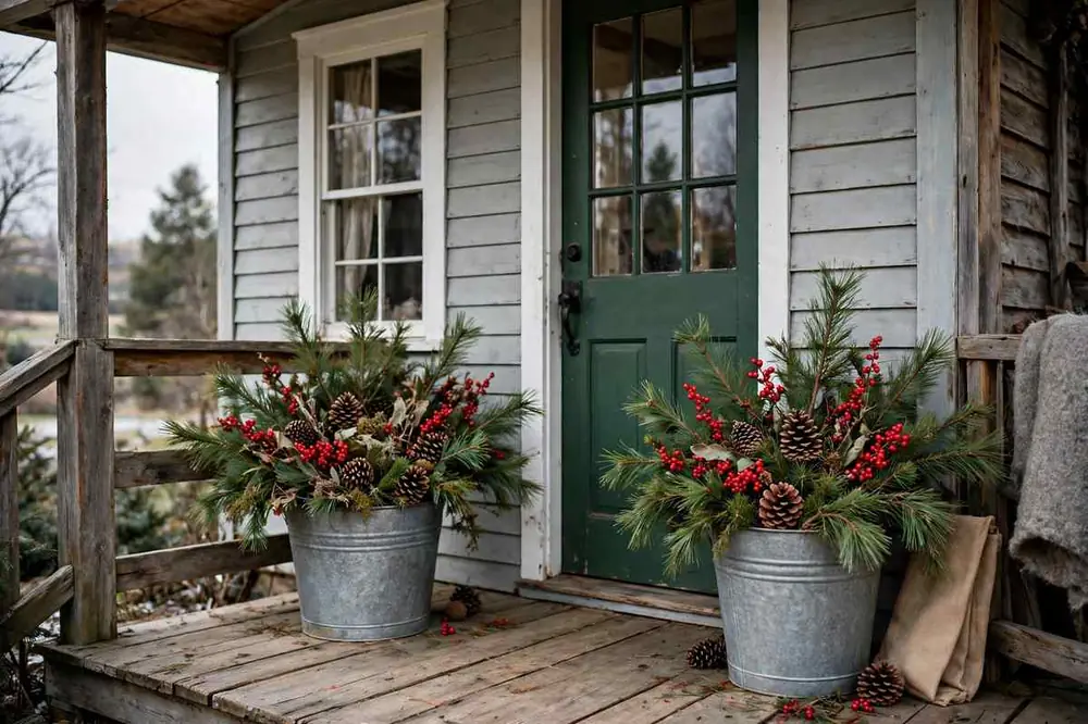 Farmhouse Porch with Galvanized Buckets