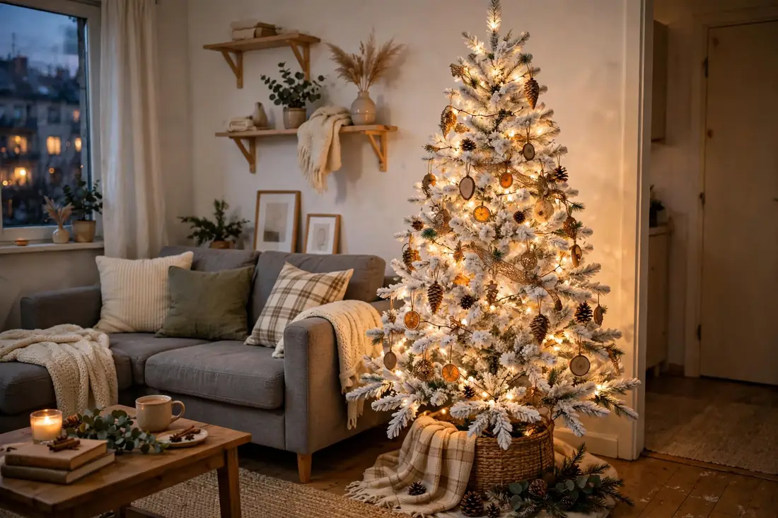 White flocked apartment tree
