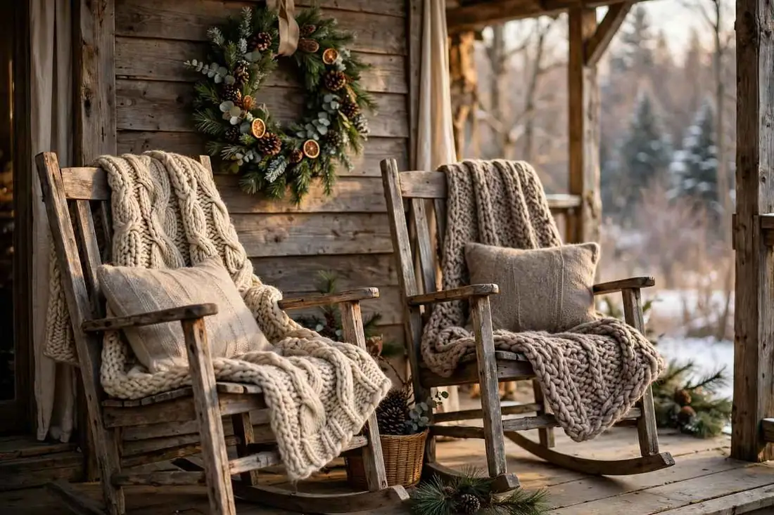 Rustic Rocking Chairs with Chunky Knit Throws