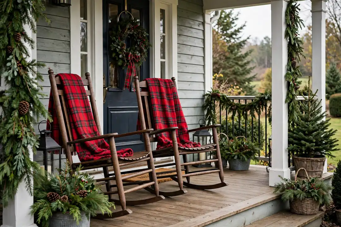 Traditional rocking chairs with plaid throws