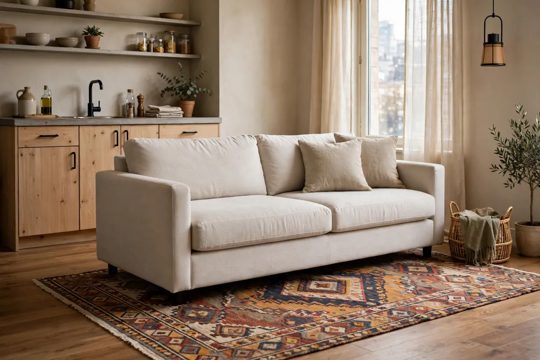 Studio apartment rug under sofa