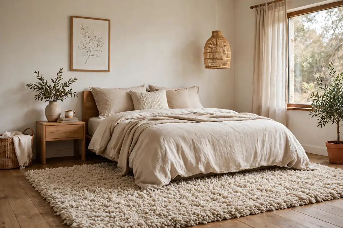 Beige shaggy bedroom rug