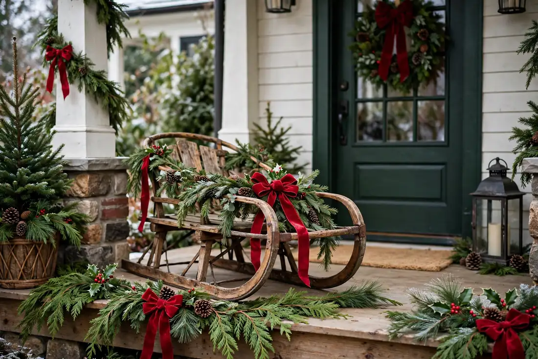 Vintage sled display on a Christmas porch