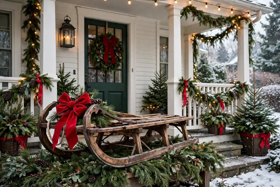 Vintage sled front porch display