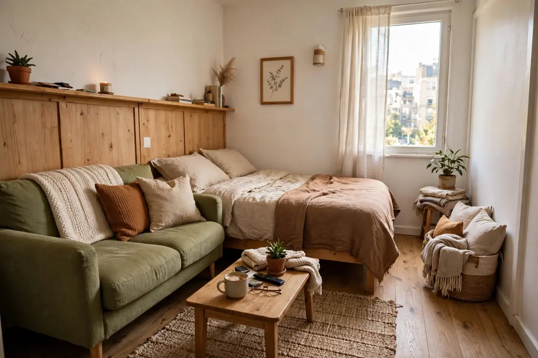 Bed and couch along wall