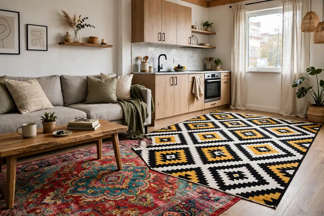 Studio apartment clashing rug patterns mistake