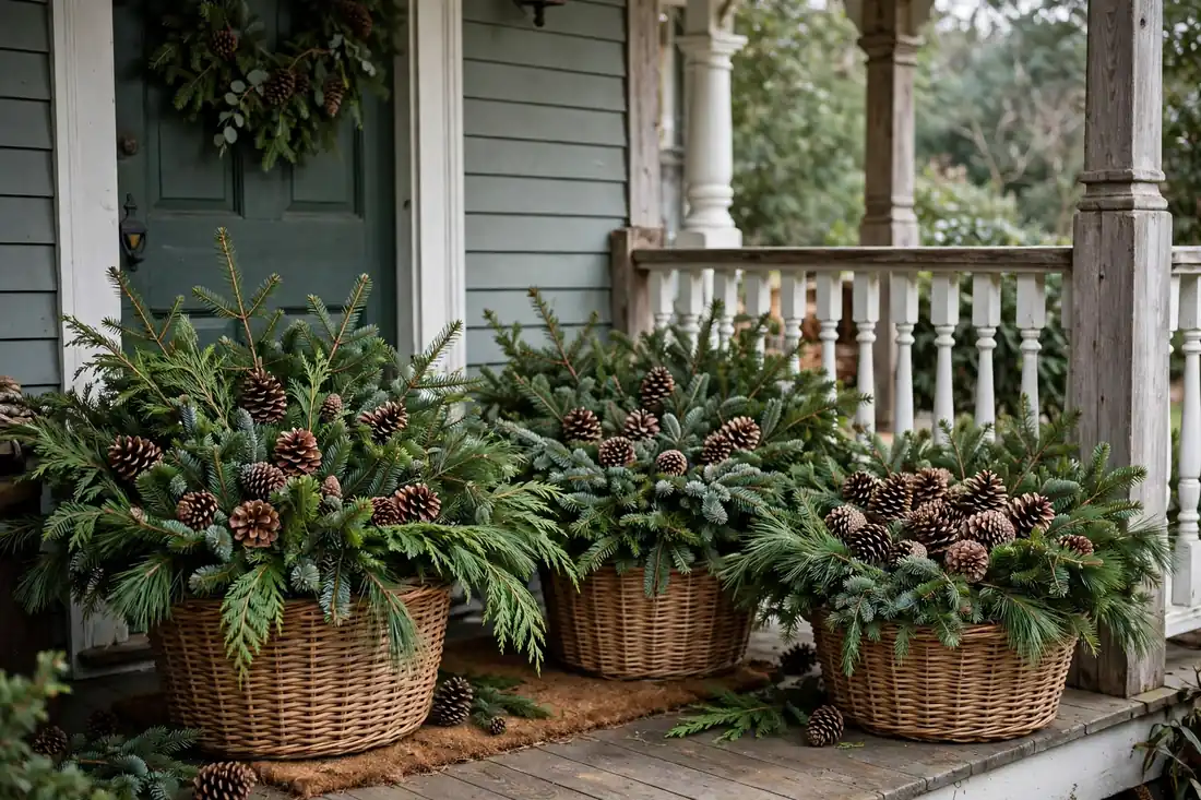 Evergreen and pinecone baskets on a porch