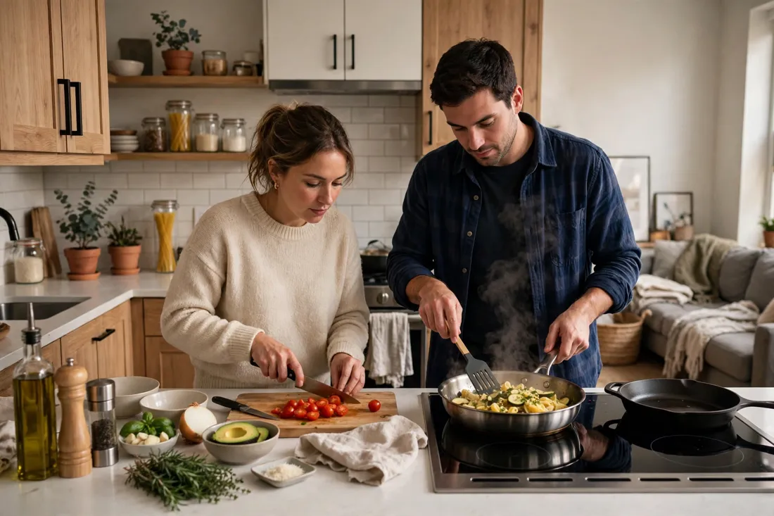 Couple's kitchen cooking