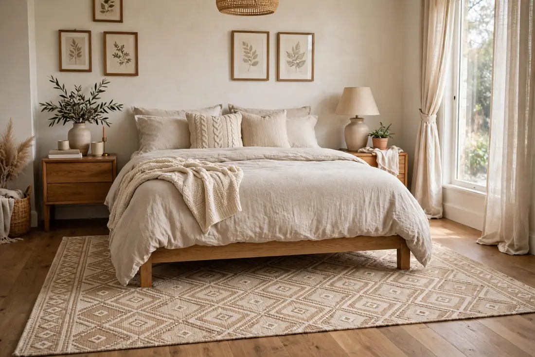 Beige patterned bedroom rug