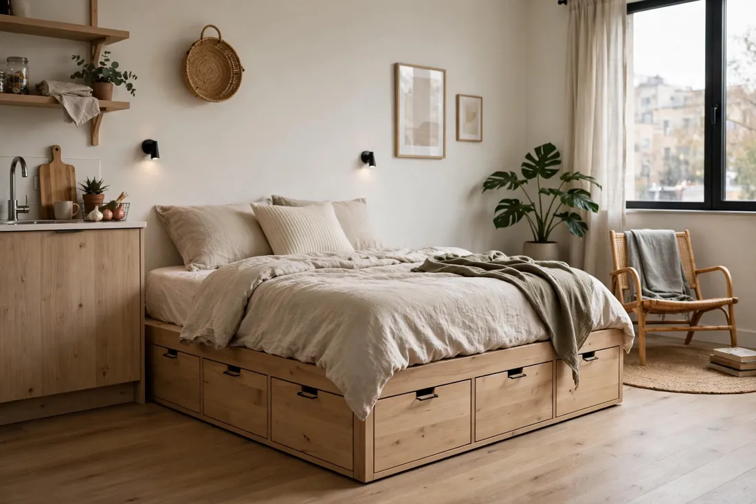 Studio apartment platform bed with storage