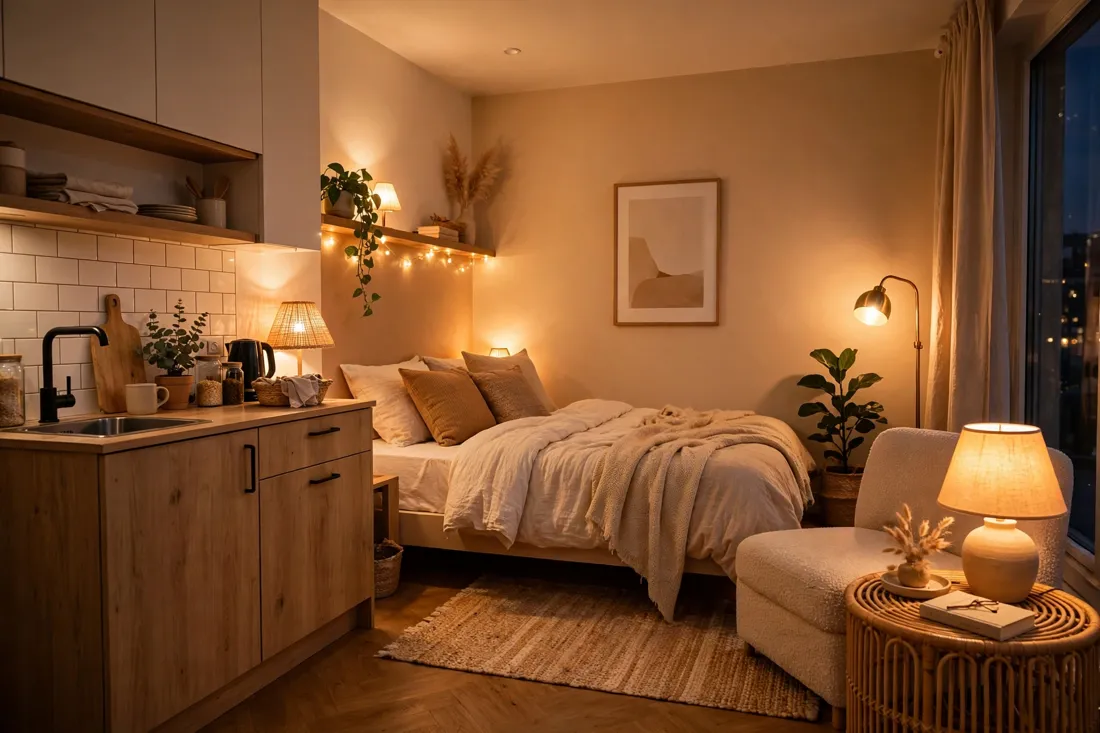 Airbnb studio warm lighting design